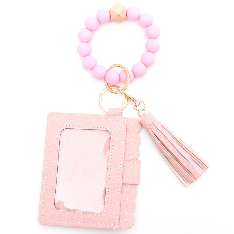 Porte-cartes avec bracelet porte-clés à perles et pompon