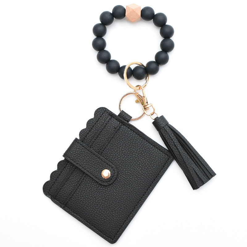 Porte-cartes avec bracelet porte-clés à perles et pompon