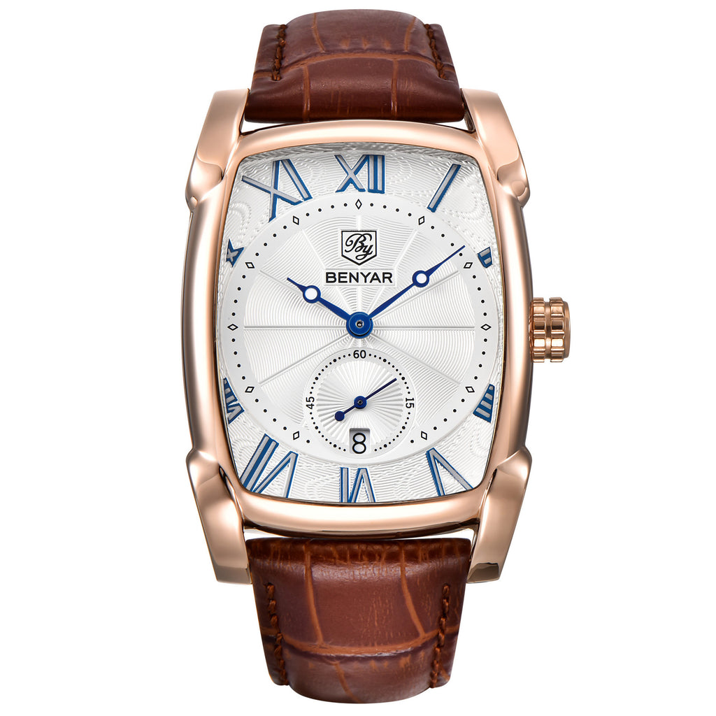 Montre pour homme avec bracelet en cuir véritable, cadran de 37 mm