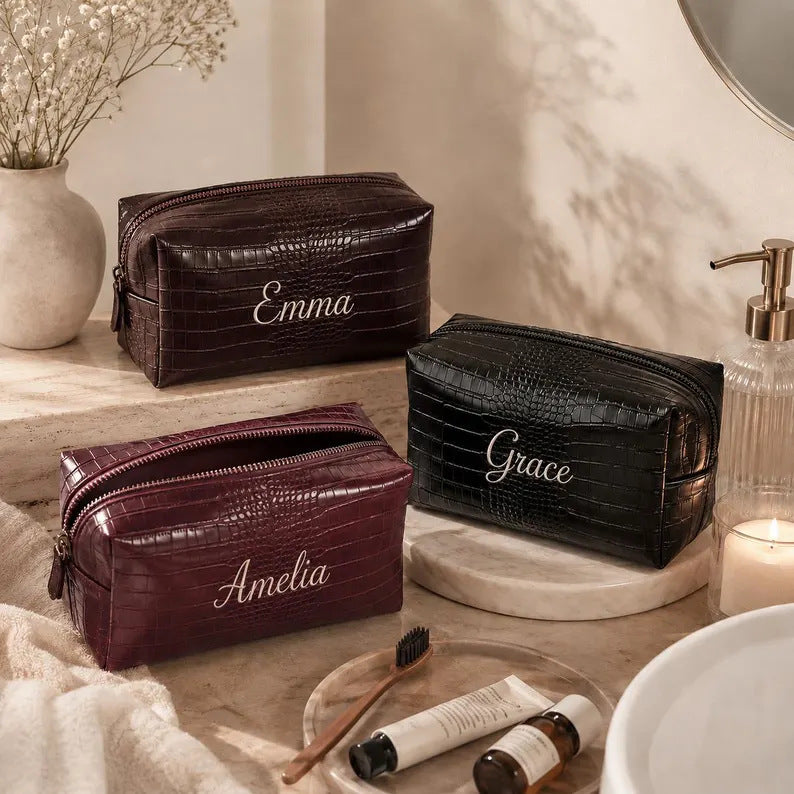 Trousse de maquillage en PU effet crocodile