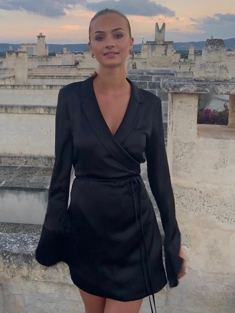 V-NECK SATIN SHIRT DRESS 