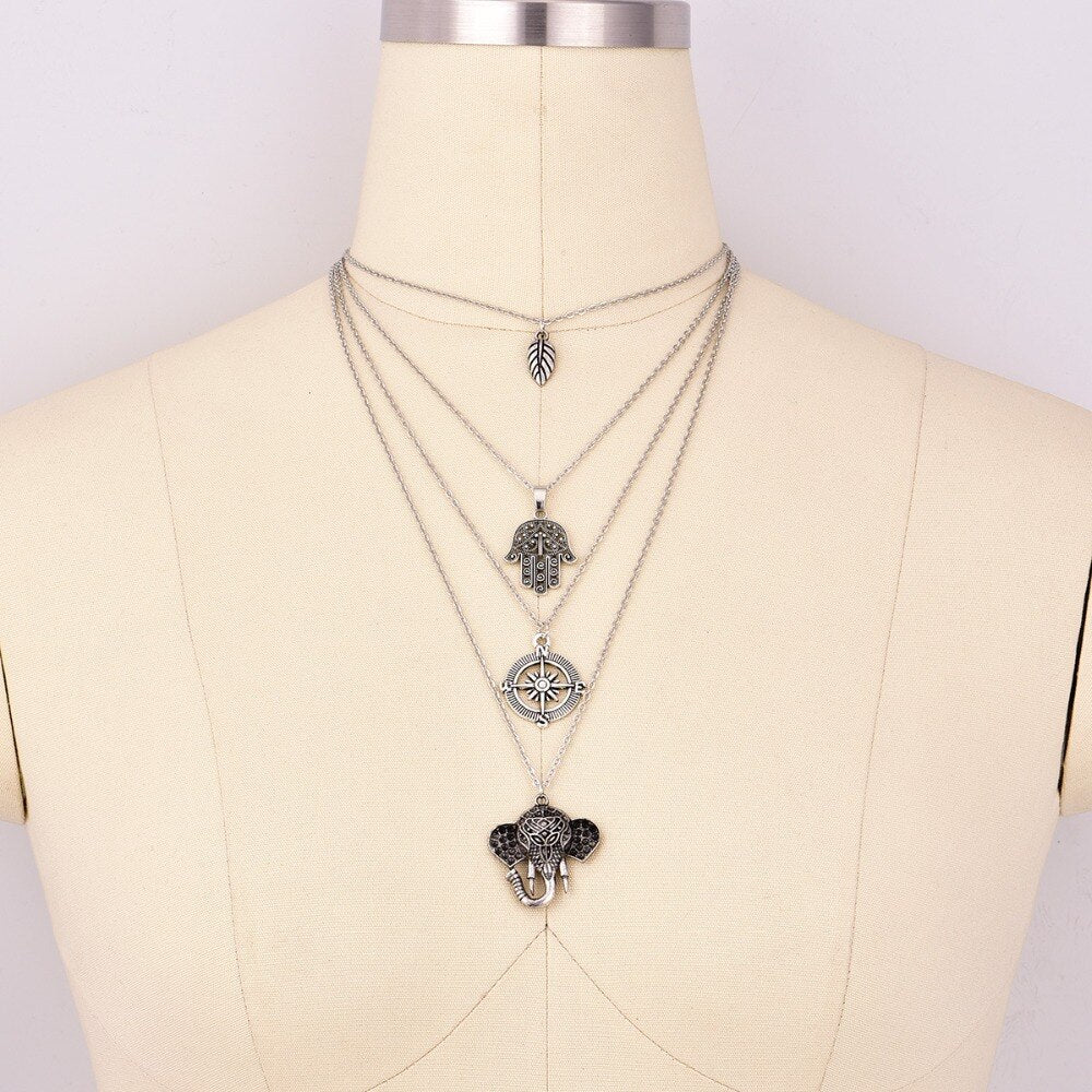 BOHEMIA NECKLACE LEAVES HAND COMPASS ELEPHANT 
