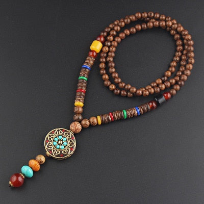 LONG PEARL PENDANT AND NECKLACE IN MALA WOOD 