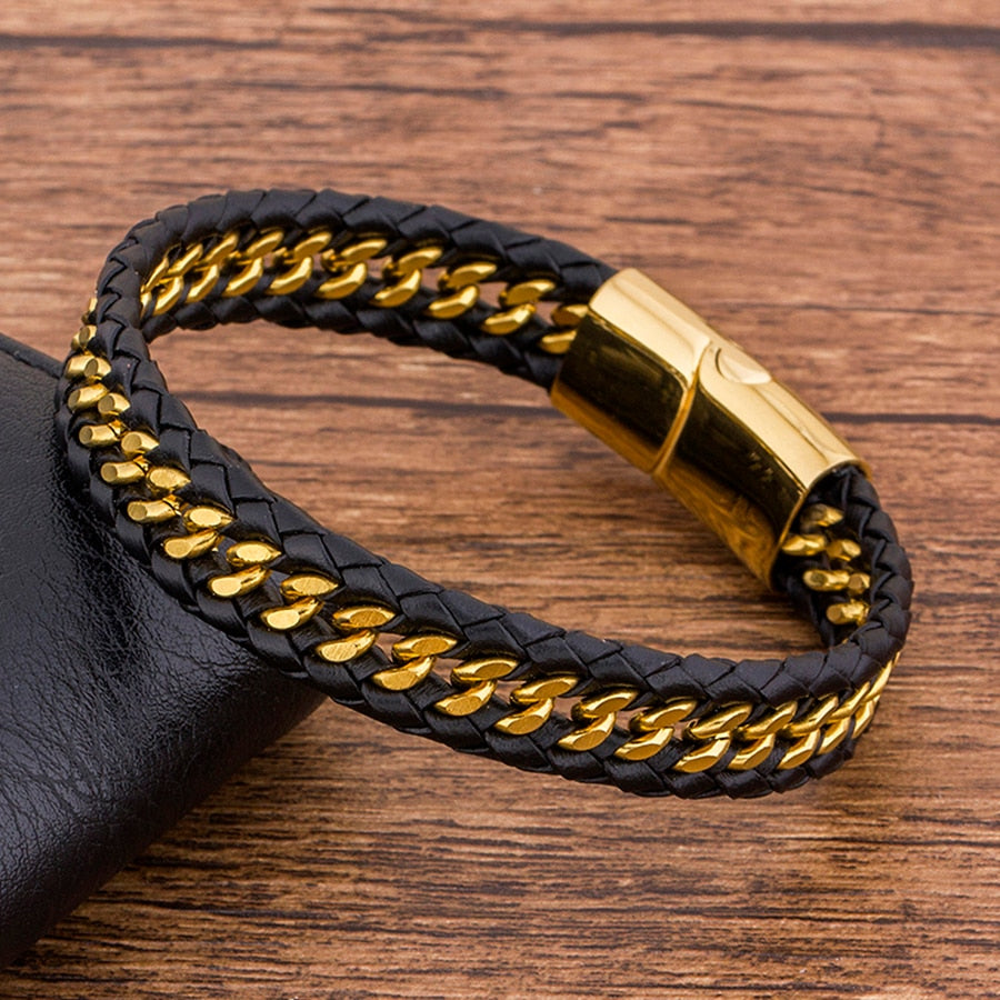 BRACELET EN CUIR VÉRITABLE AVEC CORDON TRESSÉ