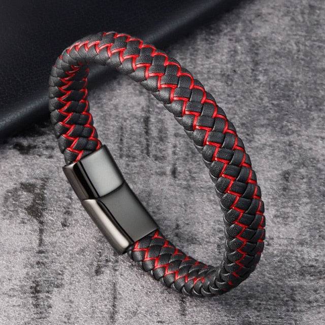 BRACELET EN CUIR TRESSE ROUGE ET NOIR - BOSSOUASHOP