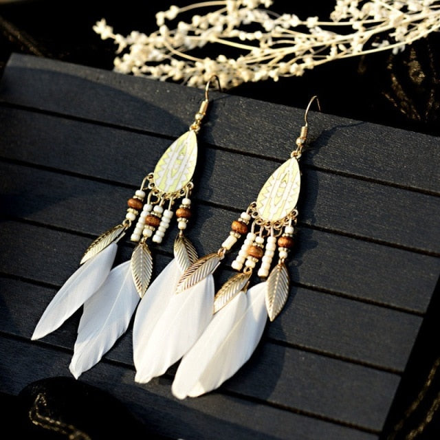 BOUCLES D'OREILLES BOHEMIENNES EN PLUMES - BOSSOUASHOP