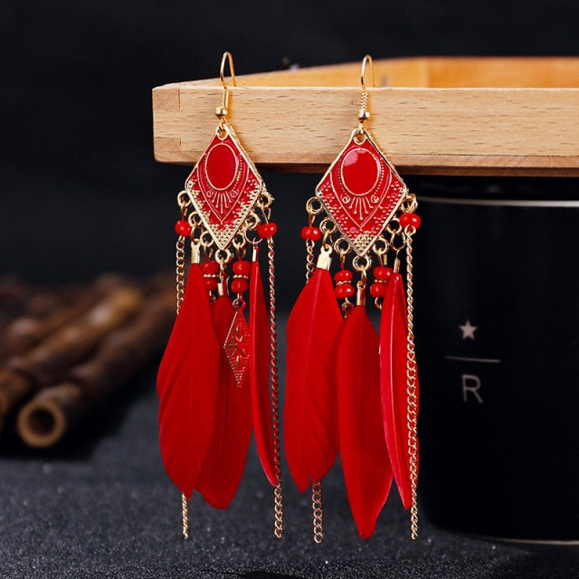 BOUCLES D'OREILLES BOHEMIENNES EN PLUMES - BOSSOUASHOP