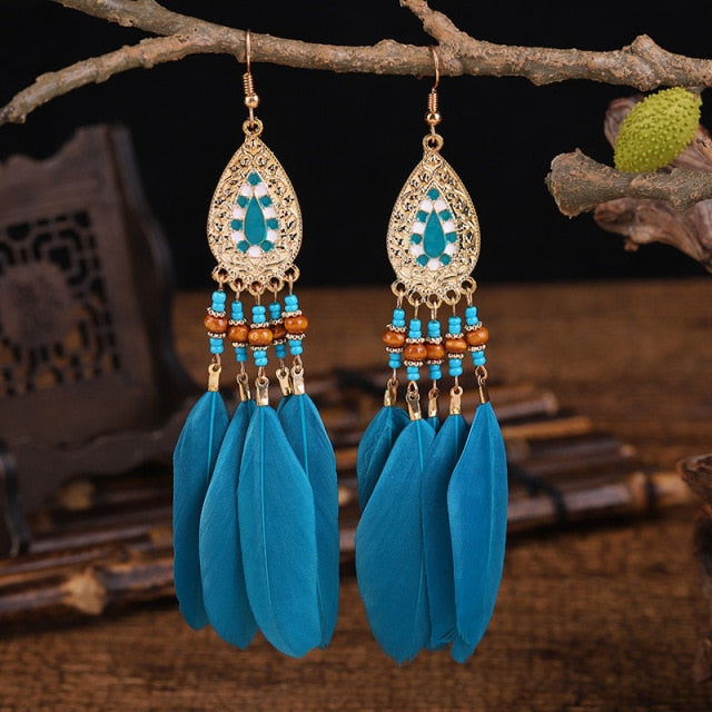 BOUCLES D'OREILLES BOHEMIENNES EN PLUMES - BOSSOUASHOP