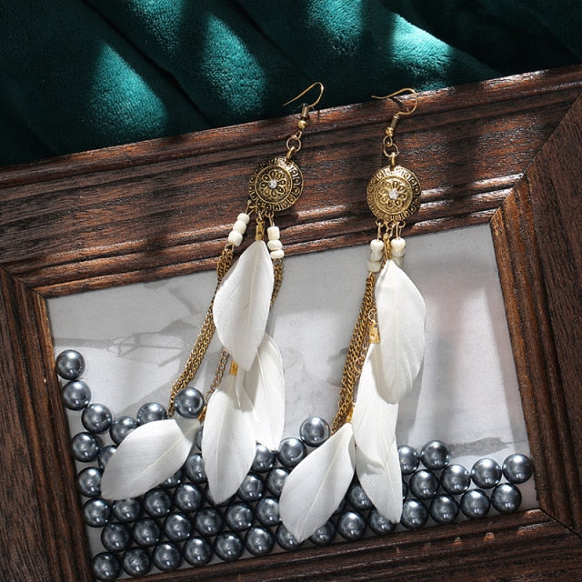 BOUCLES D'OREILLES BOHEMIENNES EN PLUMES - BOSSOUASHOP