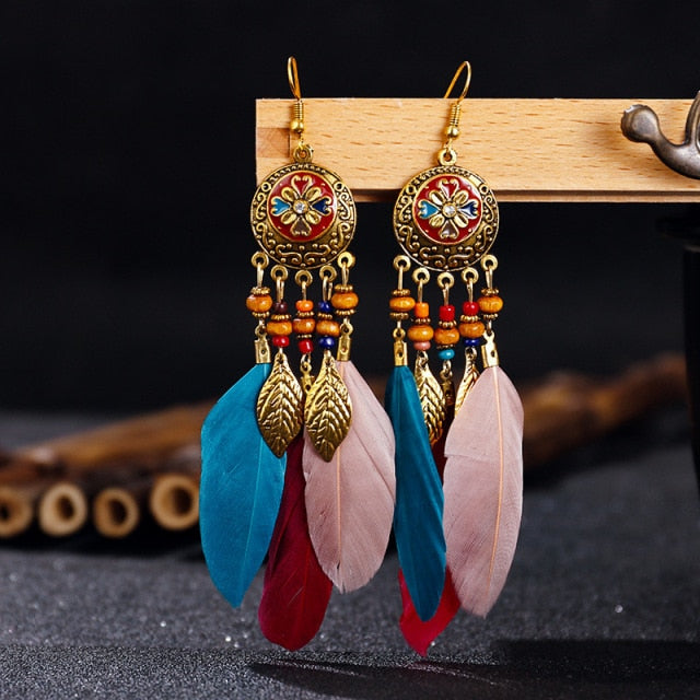 BOUCLES D'OREILLES BOHEMIENNES EN PLUMES - BOSSOUASHOP